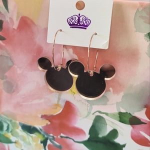 Acrylic pink mirrored Mickey Mouse earrings with rose gold hoops